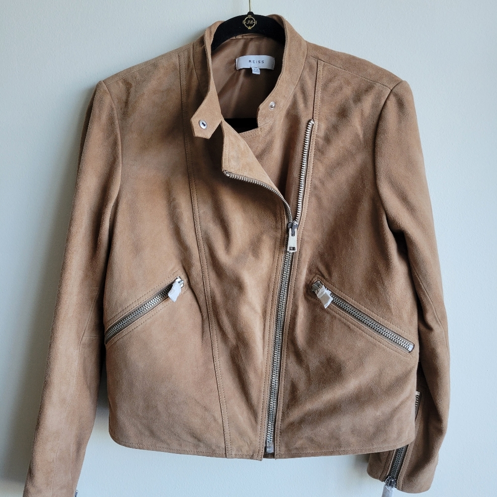 REISS Suede Lamb Leather Biker Jacket Size 10 - Picture 3 of 11